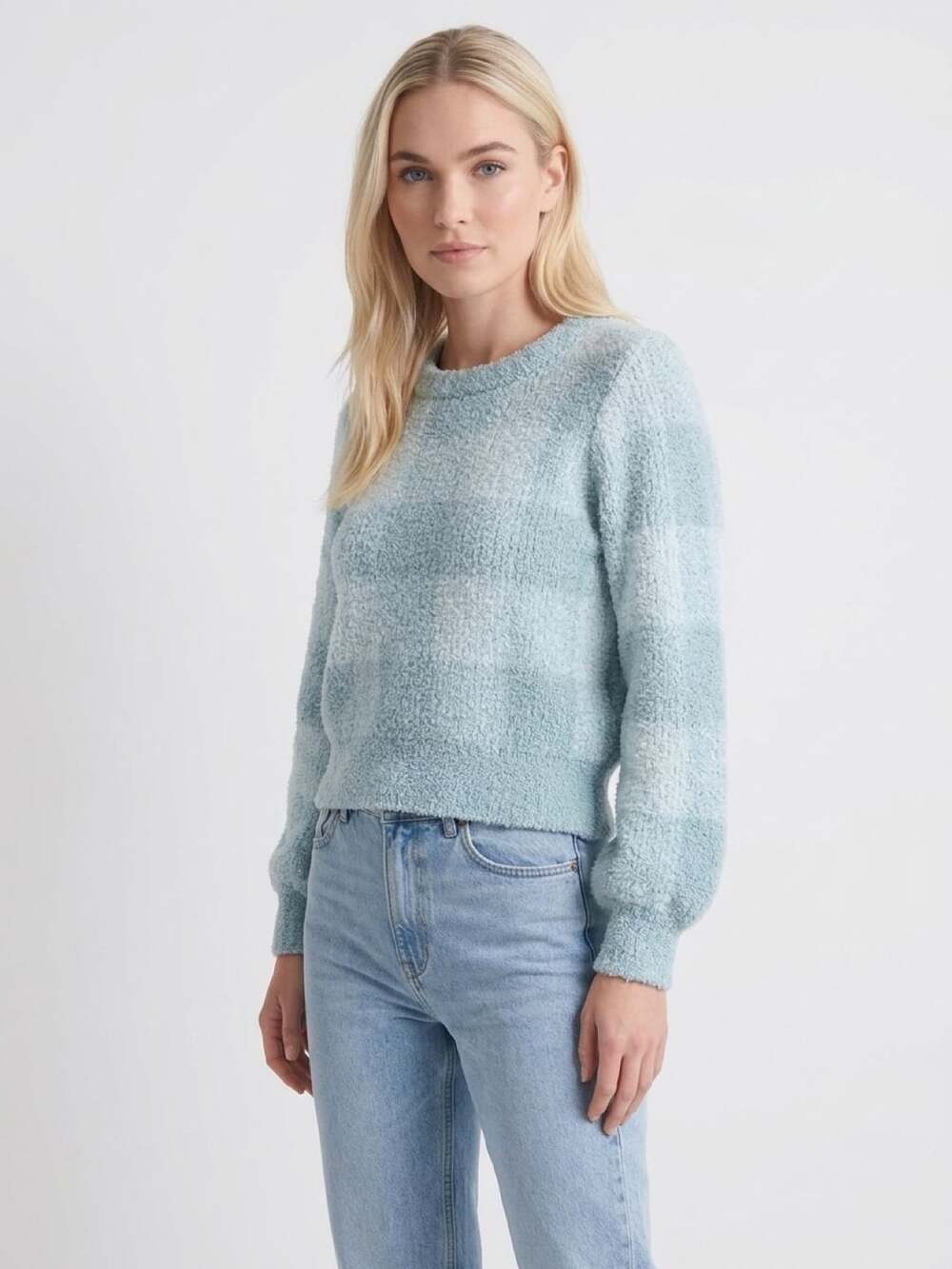 LC Lauren Conrad Plaid Fuzzy Sweater Size S Blue Sherpa